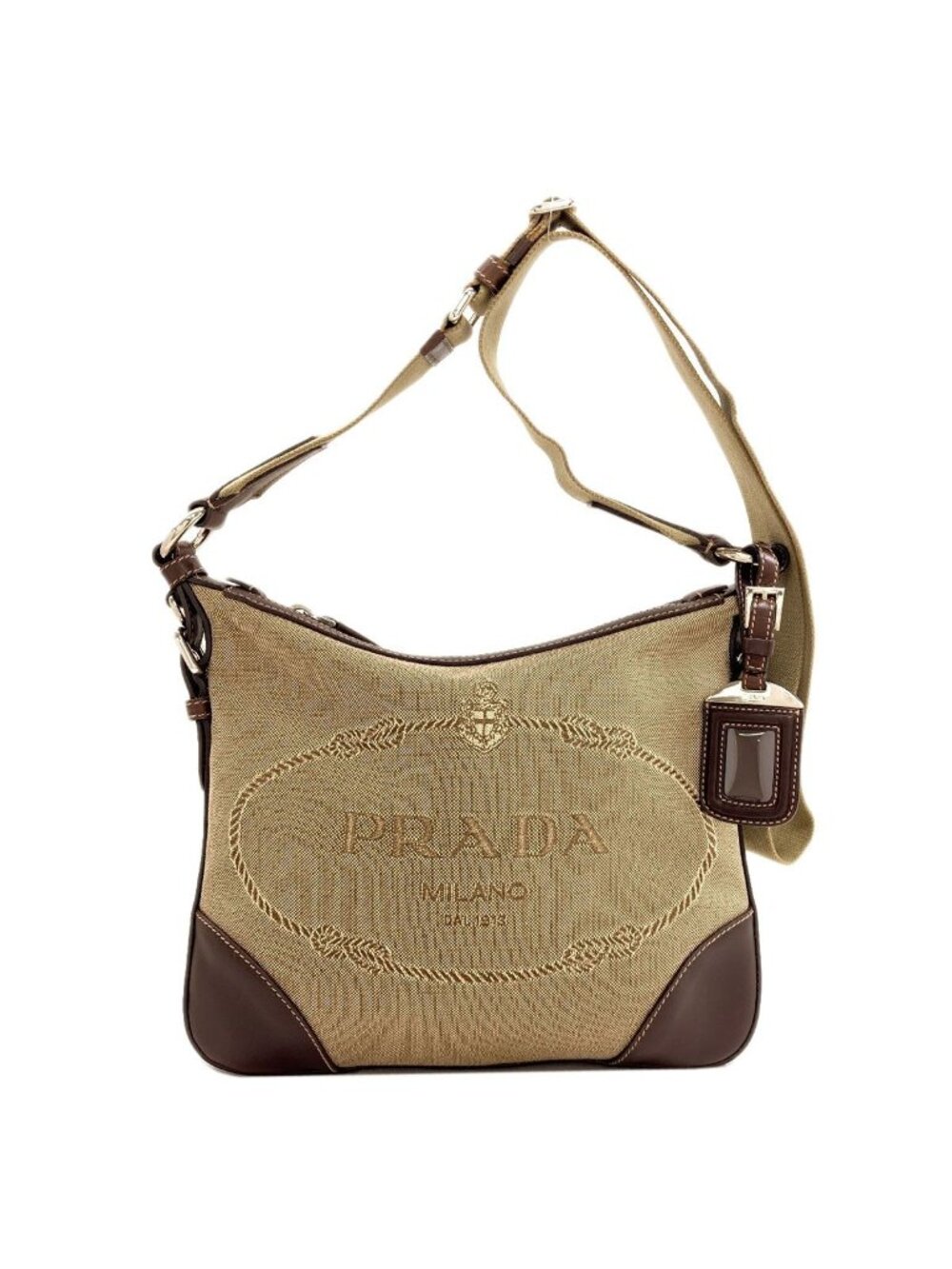 Prada Long Shoulder Logo Jacquard Bag Canvas Leather